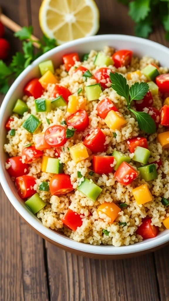 Low Carb Quinoa Salad Recipe A colorful quinoa salad with cherry tomatoes, cucumbers, and bell peppers, garnished with parsley on a rustic table.